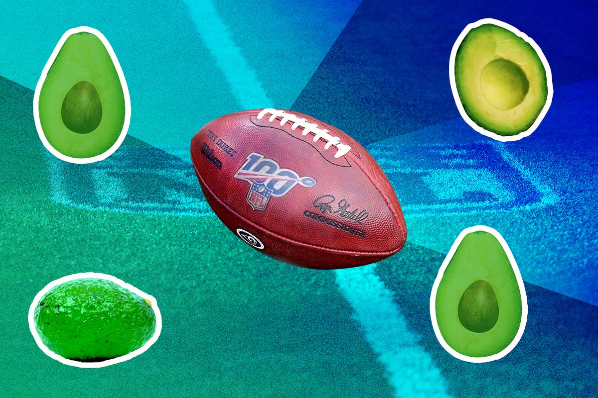 Una ilustración sobre la relación del aguacate con el Super Bowl