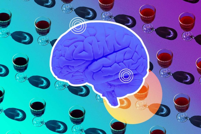 Un cerebro visto desde el costado, sobre un fondo en el que aparecen copas de vino.