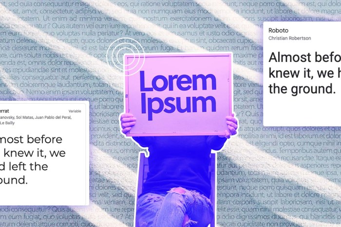 Persona sosteniendo un letrero que dice: "Lorem Ipsum", junto con otros textos detrás mostrando distintas fuentes.