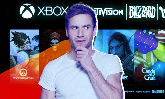 Hombre con una expresión facial de duda sobre un fondo con los juegos de Activision Blizzard y el logo de Xbox.