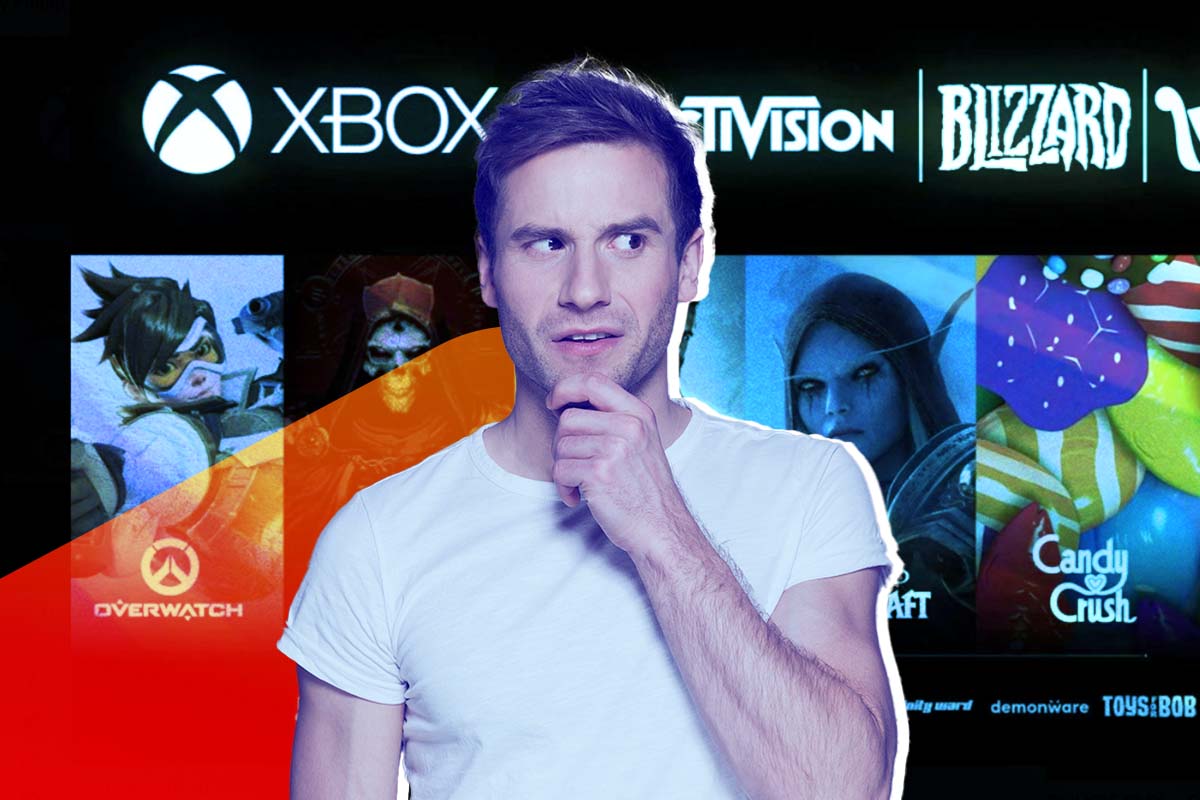 Hombre con una expresión facial de duda sobre un fondo con los juegos de Activision Blizzard y el logo de Xbox.