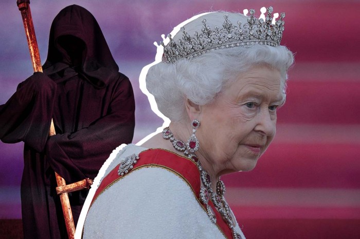En el frente, la reina Isabell II, y de fondo, la personificación de la muerte.
