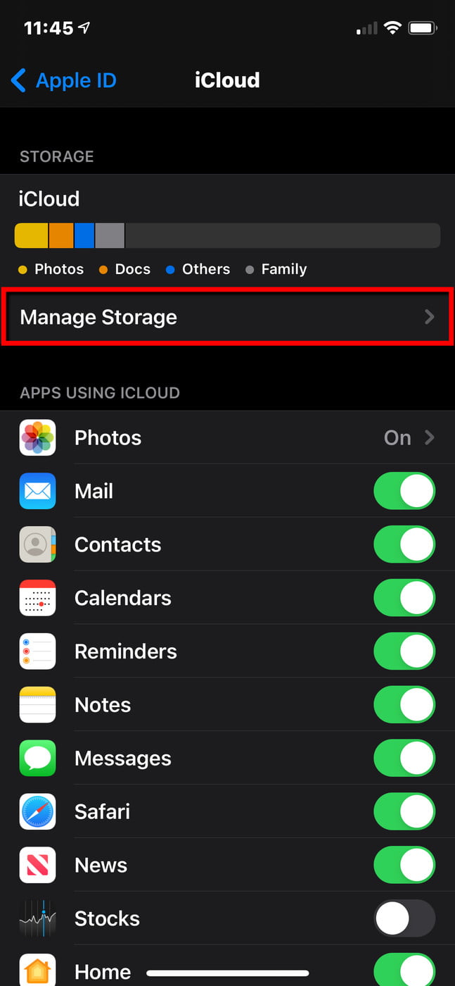Pantalla de configuración de iCloud para administrar el almacenamiento.