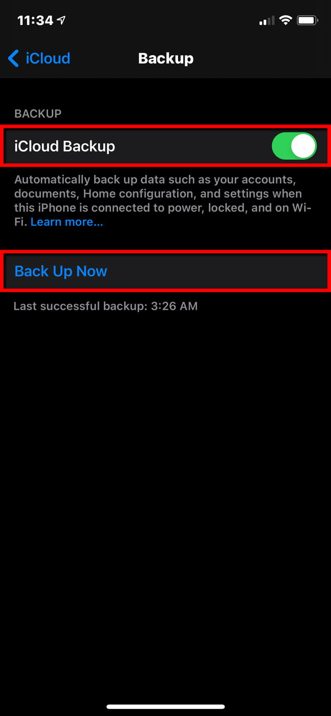 Pantalla de configuración de respaldo de iCloud en un iPhone.