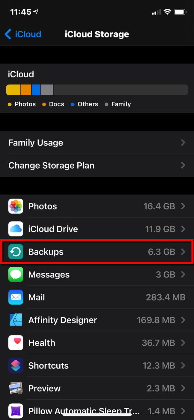 Pantalla de configuración de iCloud para seleccionar la opción de Respaldos.
