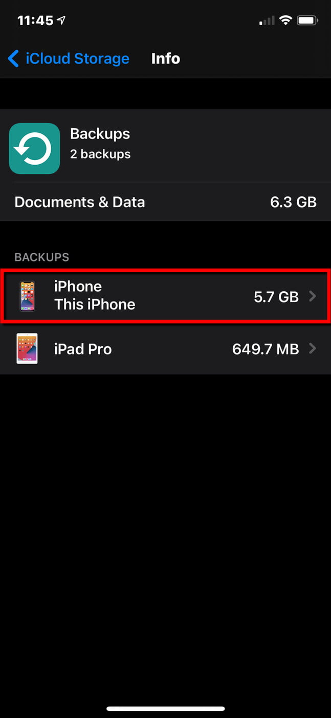 Pantalla de configuración de Respaldos para seleccionar el dispositivo a respaldar.