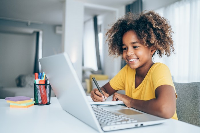 Una niña está sentada frente a una computadora en clases remotas.