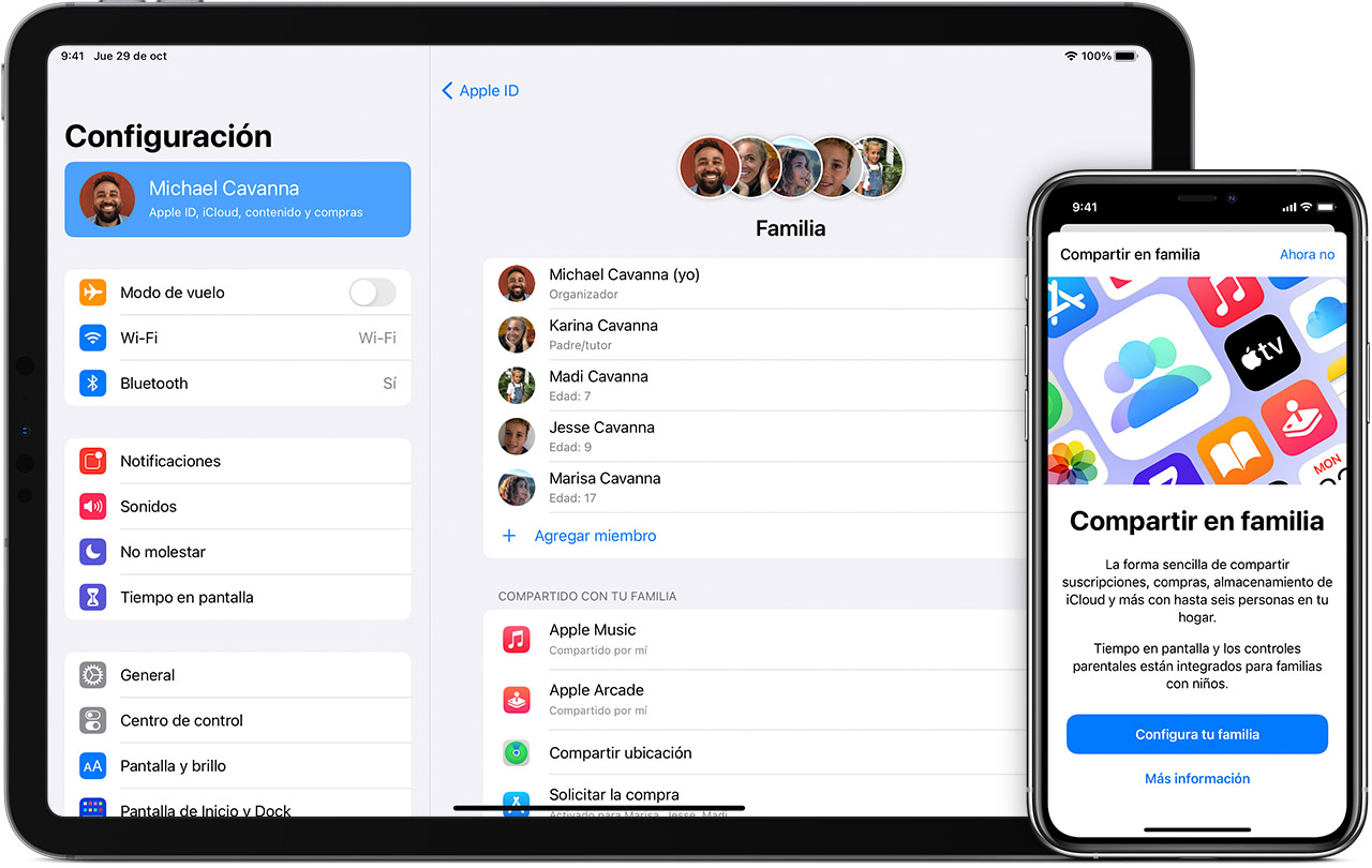 Pantalla de una Mac y un iPhone con la función compartir en familia de Apple.