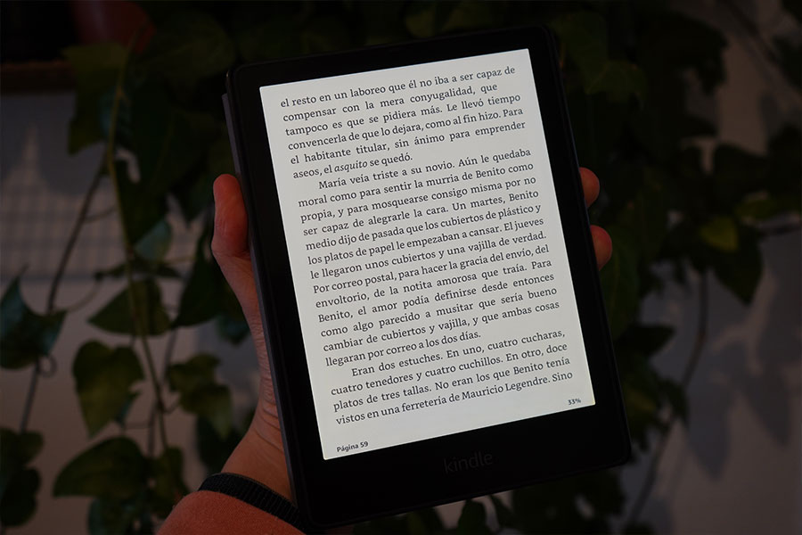 Pantalla de Kindle con texto de un libro