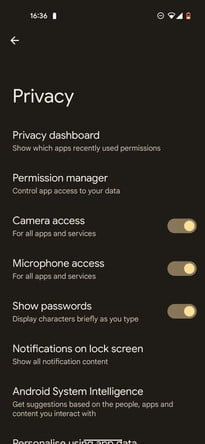 Menú de privacidad en Android 12.
