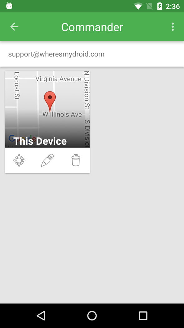 Pantalla de Where is My Droid que muestra los dispositivos activos