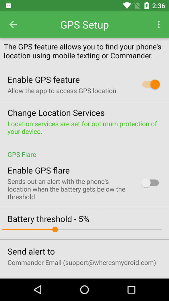 Las opciones de configuración GPS de Where is My Droid