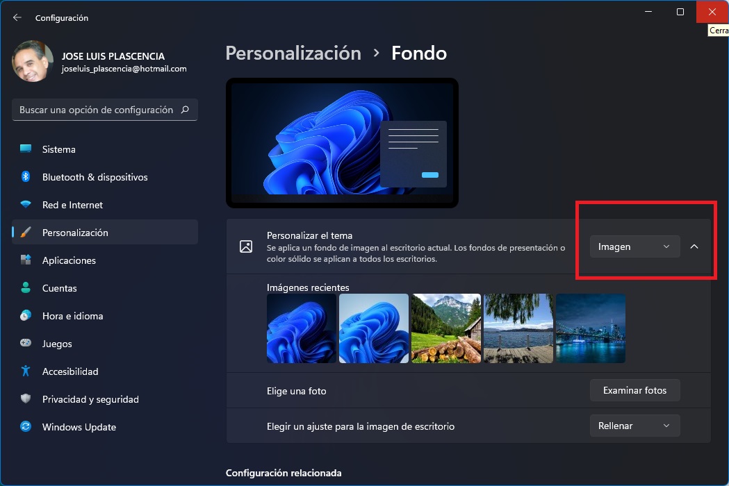 Configuración de la opción Fondo en Imagen.