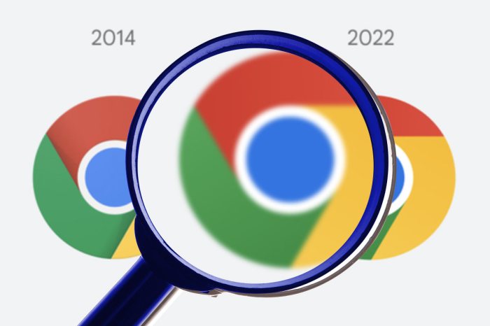 El logo de Google Chrome de 2014 junto a la nueva versión debajo de una lupa.
