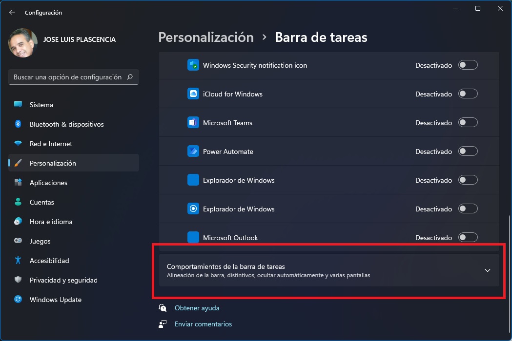 Menú de personalización de la Barra de tareas.