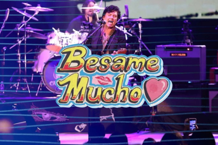 El logo del festival de música Bésame Mucho sobre la banda Caifanes tocando en vivo.