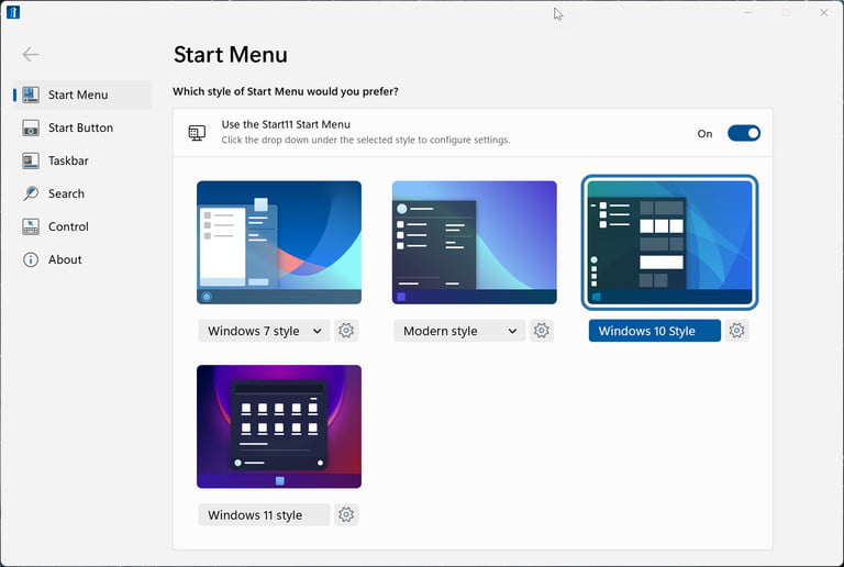 Página del menú de inicio de Start11.