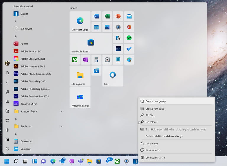 Menú de inicio del estilo de Windows 10 conseguido con una app en Windows 11.