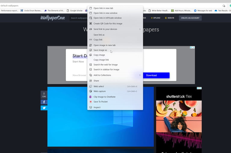 Menú guardar imagen como en el sitio wallpapercave para hacer que Windows 11 se vea como 10.
