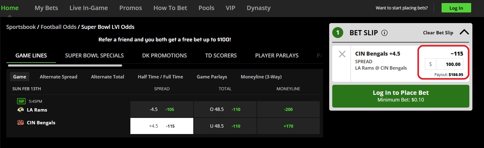 Pantalla que indica cuánto dinero se ganaría en una apuesta de la NFL con momio americano.