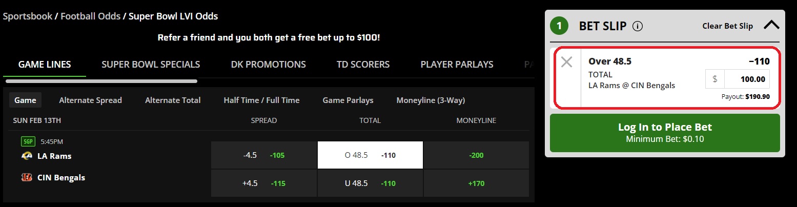 Pantalla que indica una apuesta de línea de totales para un partido de la NFL.