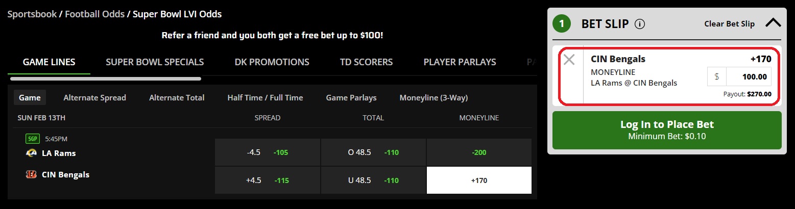 Pantalla que indica los momios para una "moneyline" del partido del Super Bowl 2022.