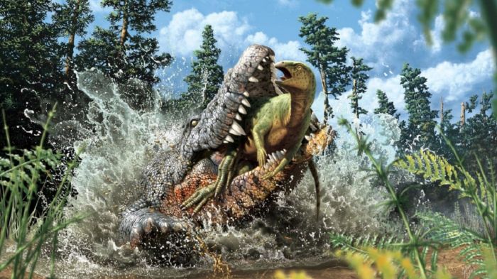 Un ejemplar de cocodrilo atacando a un dinosaurio.