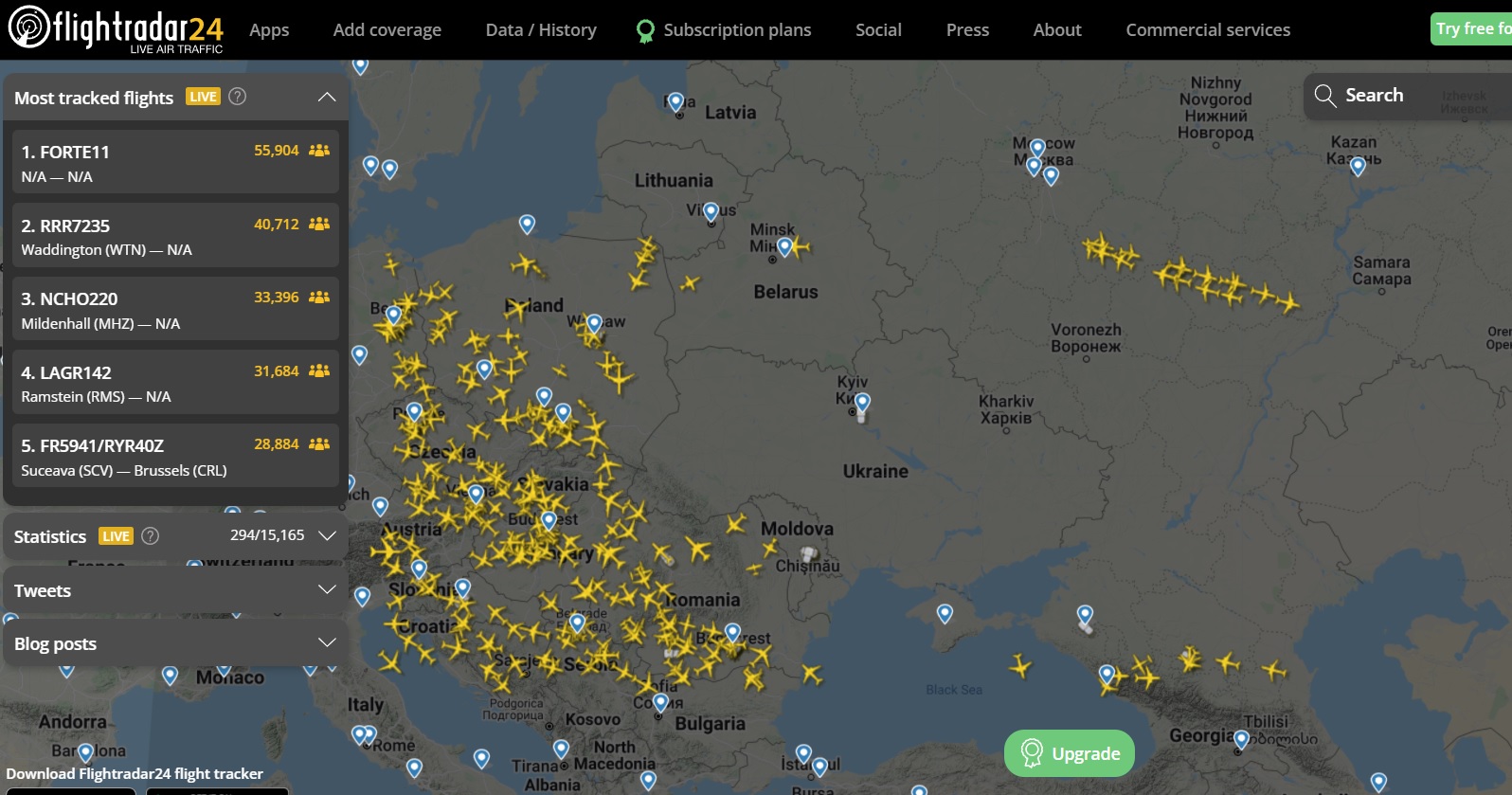 El portal Flightradar 24 muestra que el tráfico aéreo civil en Ucrania es inexistente.