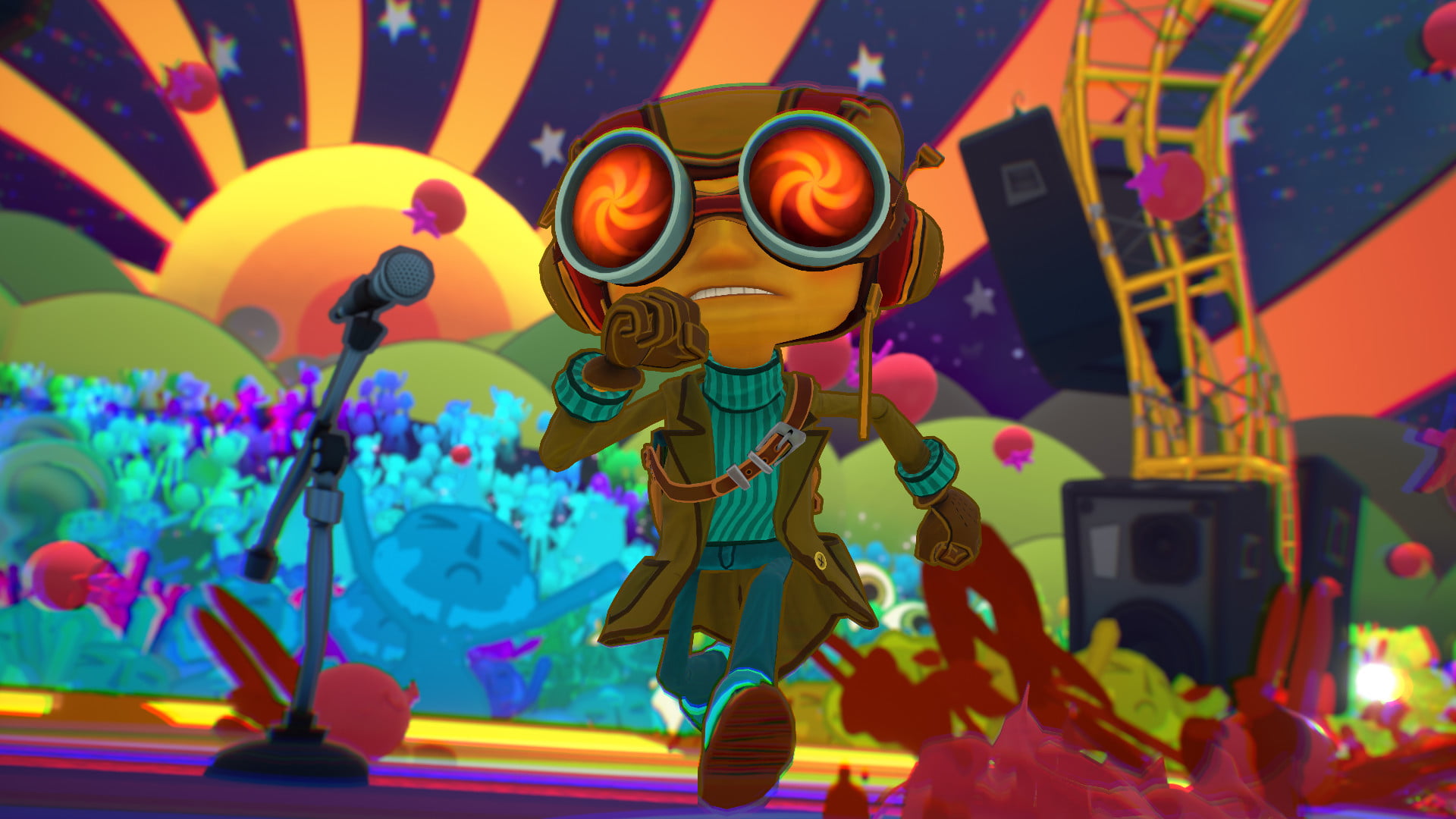 Raz corre en un escenario colorido en Psychonauts 2.