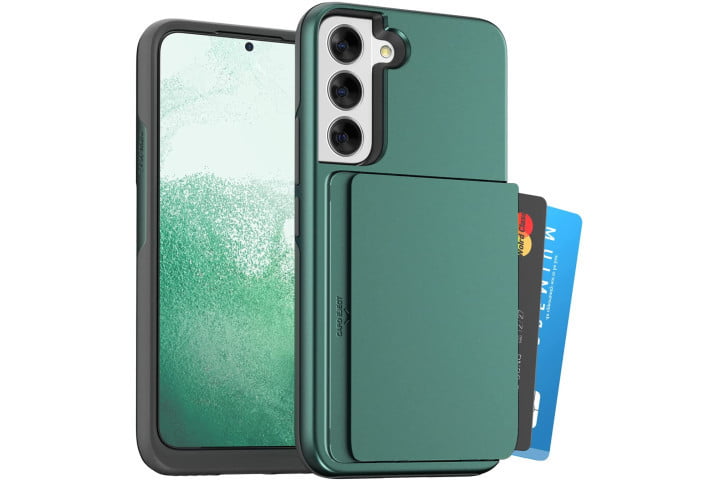 La funda para tarjetas K-max Auto-tok para el Samsung Galaxy S22 en un verde metálico intenso, que muestra la ranura para tarjetas con tarjetas de crédito.