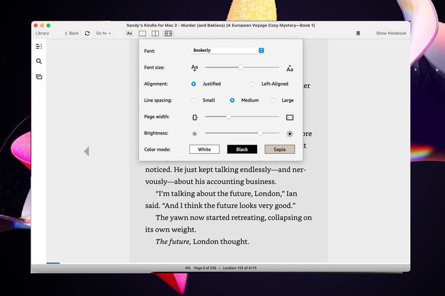 Ajustes de tema y apariencia para un libro en la aplicación Kindle.