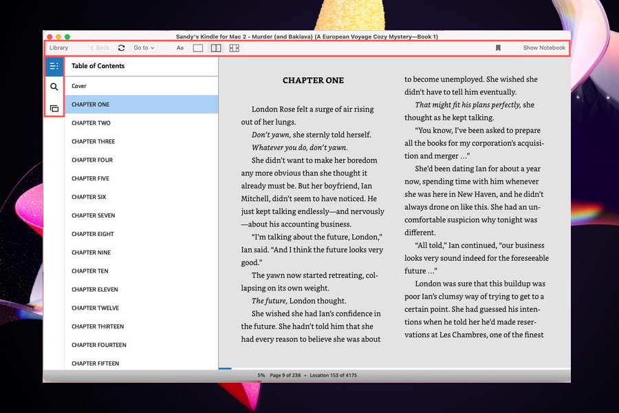 Barras de herramientas para un libro en la aplicación Kindle.