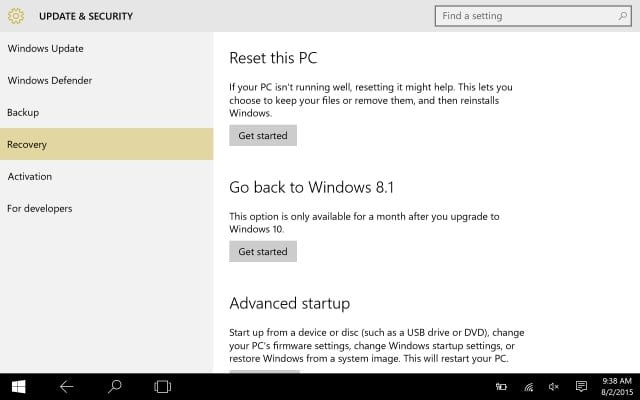 Menú de configuración de Windows 10.