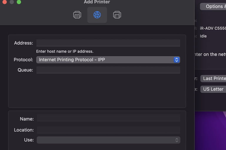 Menú para conectar impresora por medio de su IP.