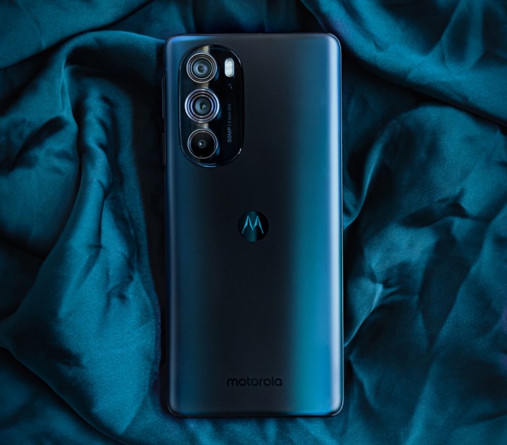 Motorola Edge 30 Pro on a blue background.