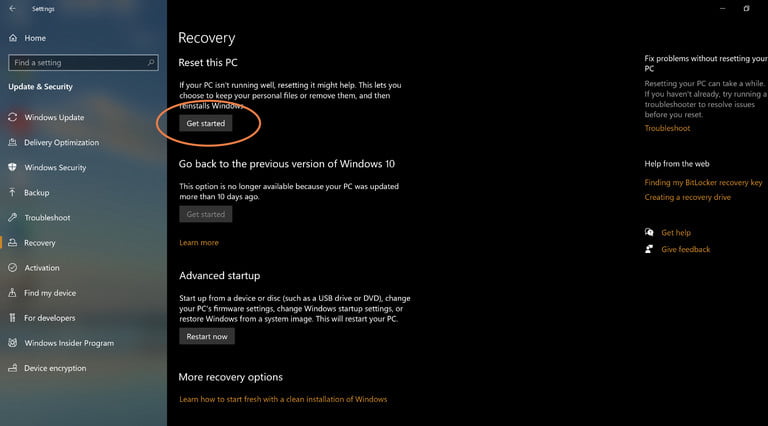 Opción de Recuperación en el menú de Actualización y seguridad en Windows 10.
