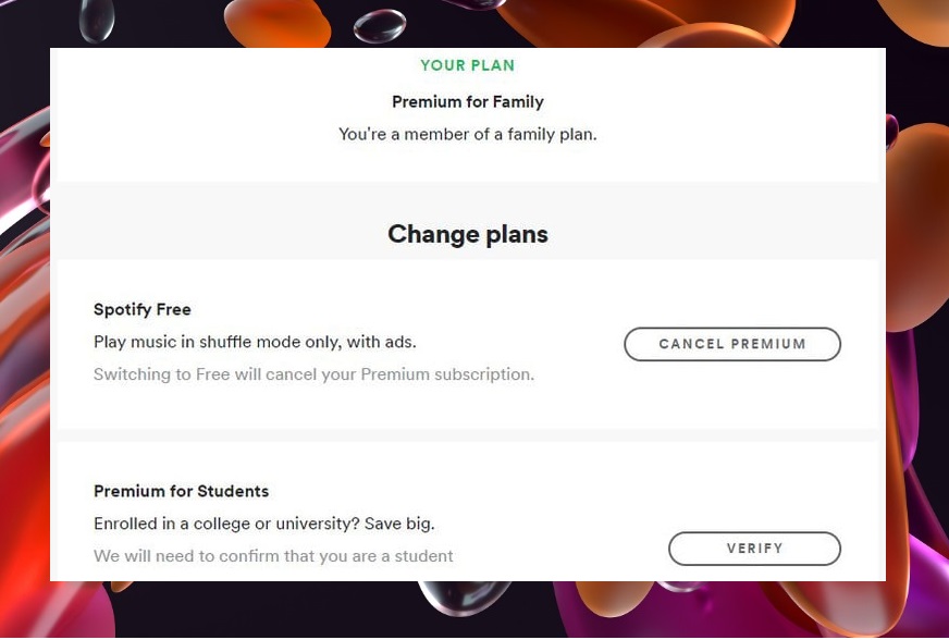 Opción en pantalla para cancelar Spotify.