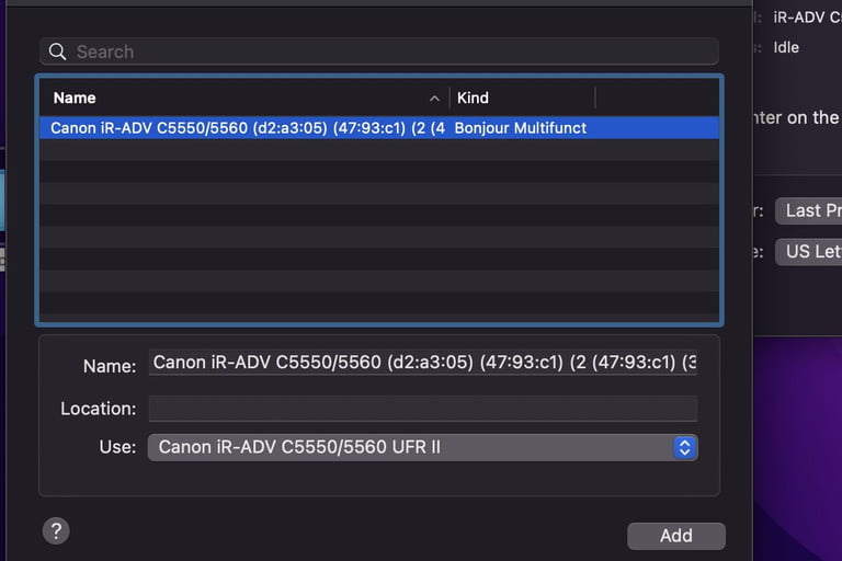 El menú de añadir impresora en MacOS