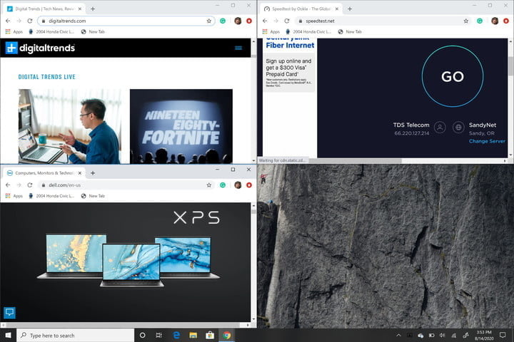 Pantalla de Windows 10 dividida en cuatro secciones.