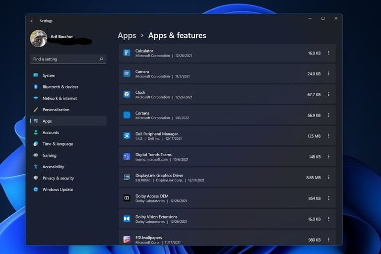 Menú de Aplicaciones y características de Windows 11.