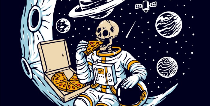 Ilustracion de esqueleto comiendo pizza en el espacio