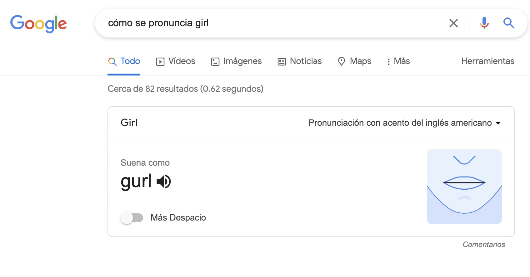 Buscador de Google con la duda de cómo se pronuncia girl en inglés.