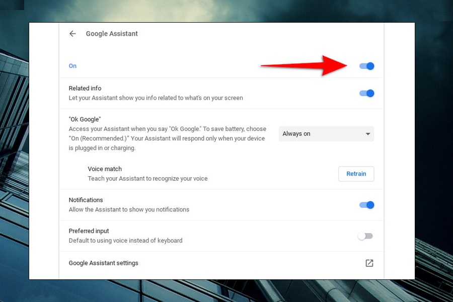 Configuración y los interruptores del Asistente de Google del Chromebook.