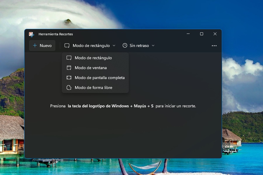 Menú Modo en Herramienta Recortes de Windows 10/11.