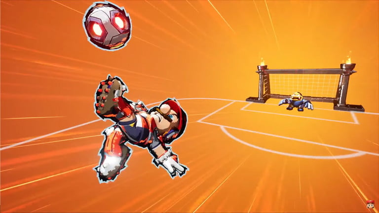Mario patea un balón a la portería con una voltereta.