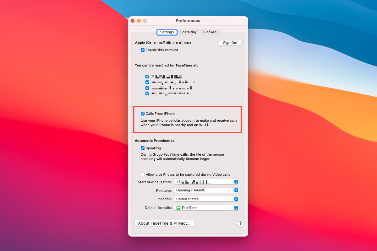 Preferencias de llamadas en Facetime de Mac