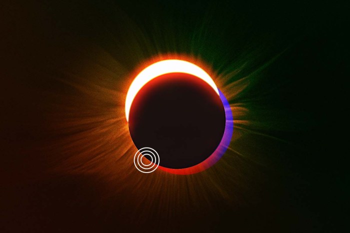 Un eclipse solar, que sucede cuando la luna pasa frente al sol y bloquea por completo sus rayos.