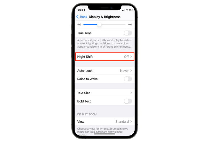 Panel de Night Shift del iPhone.