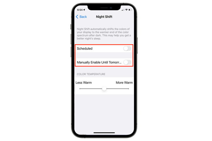 Opciones de Night Shift del iPhone.
