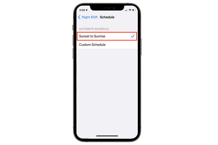 Opciones del temporizador de Night Shift del iPhone.
